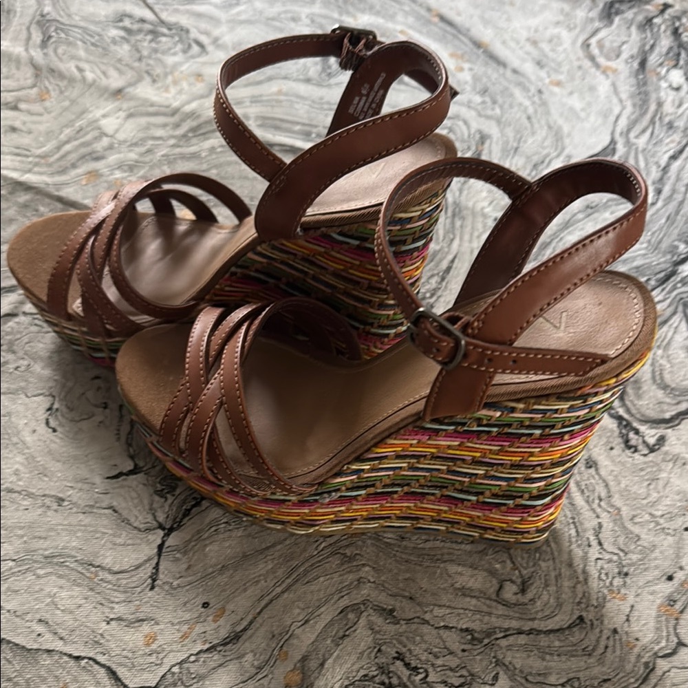 MIA Brown Strappy Sandals with Multi-color Woven Design